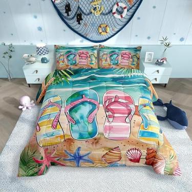 Imagem de Manfei Conjunto de edredom King Size com 3 peças, havaiano à beira-mar, aquarela, estrela-do-mar, concha, concha, para quarto de adultos, 2 fronhas
