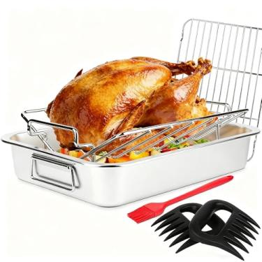 Imagem de Conjunto de torradeira de aço inoxidável de 3 peças: assadeira + prateleira em V + prateleira plana - assadeira resistente para lasanha/peru/vegetais, com garras e escovas de carne