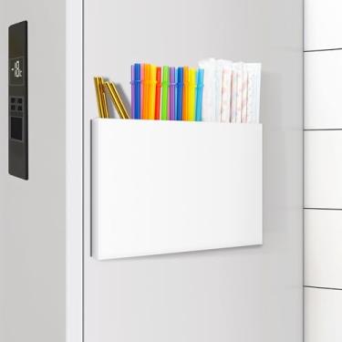 Imagem de Suporte de canudo magnético branco, organizador de canudo de armário com fita adesiva dupla face, recipiente de armazenamento de canudo alto reutilizável, dispensador de canudos para geladeira, porta