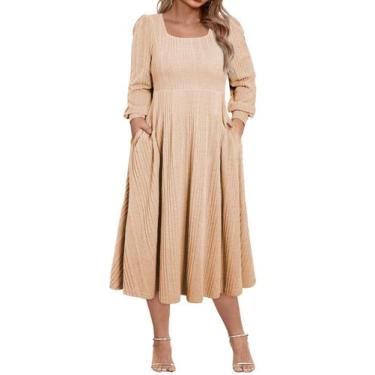 Imagem de Vestido feminino Eytino plus size, manga comprida, gola quadrada, cáqu