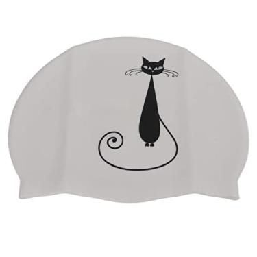 Imagem de ZJchao Touca de Natação, Touca de Natação de Silicone Com Elástico para Esportes Aquáticos Longos Adultos (gato preto branco)