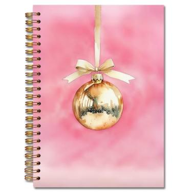 Imagem de Exqcom Caderno espiral com bola de Natal rosa e dourada, diário de Natal vintage, diário de férias para mulheres, caderno de capa dura rosa, material escolar, 14 x 21 cm
