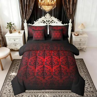 Imagem de Castle Fairy Conjunto de edredom infantil damasco vermelho e preto, tamanho solteiro, estilo boêmio, estilo vitoriano, barroco, reversível, vintage, gótico, renda, floral, edredom com edredom, lençol