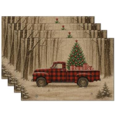 Imagem de HOMETITUTE Jogo americano lavável de linho de 30 x 45 cm, conjunto de 4 com caminhão xadrez vermelho búfalo, árvore de Natal e jogo americano com estampa de presente, conjunto de 4 para decoração de