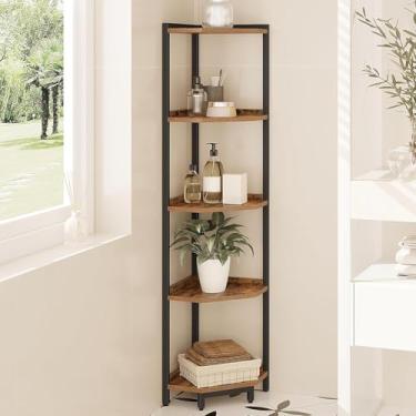 Imagem de Hzuaneri Suporte de prateleira de canto, estante de canto de 5 níveis, unidade de prateleira de armazenamento com moldura de metal, suporte para plantas, estante de canto para sala de estar, escritório em casa, quarto, marrom rústico e preto CS05901B