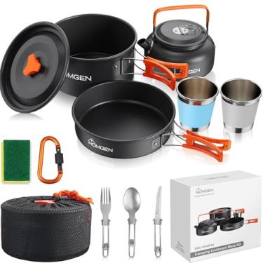 Imagem de HOMGEN Conjunto de 12 peças de panelas de acampamento de alumínio anodizado ultraleve para 2 pessoas - panela/panela com alças dobráveis Bule de chá isolado de 800 ml e copos inoxidáveis - Equipamento