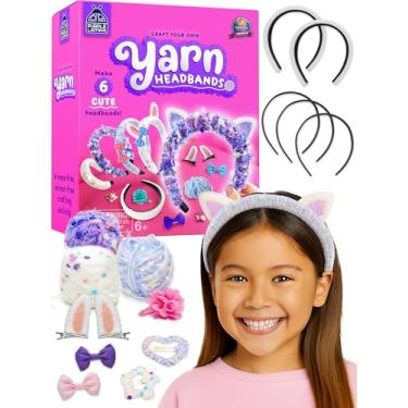 Imagem de PURPLE LADYBUG Kit de fabricação de faixa de cabelo para meninas – Conjunto de artesanato DIY com 6 faixas de cabeça, fios coloridos, fitas, clipes de cabelo e cola, atividades divertidas de artes e