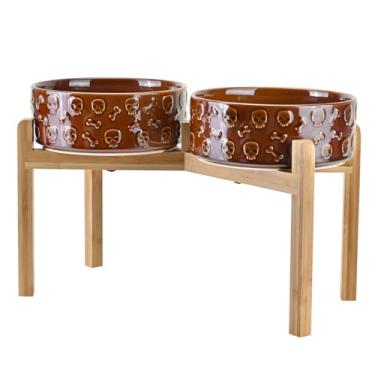Imagem de SPUNKYJUNKY Tigelas elevadas de cerâmica para cães, 21 cm, com suporte de bambu antiderrapante para raças grandes, podem ser lavadas no micro-ondas - 1,701 g, bronze crânio