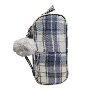 Imagem de Estojo Box Grande Escolar Azul Escuro com Pompom Organizador Colorido Lápis Alça Caneta Aula Aluno