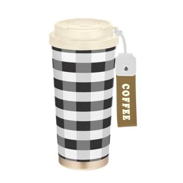 Imagem de YETTASBIN Caneca de café Buffalo Plaid com isolamento térmico de 482 g com tampa canudo, copo à prova de derramamento e vazamento com alça para bebida quente e fria, garrafa de água de aço inoxidável