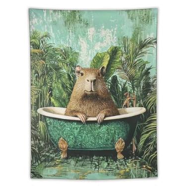 Imagem de Linda capivara na banheira tapeçaria de banheiro verde tropical pendurado na parede humorístico roedor decoração de arte para crianças banheiro tema selva spa vaidade casa decoração de parede presente