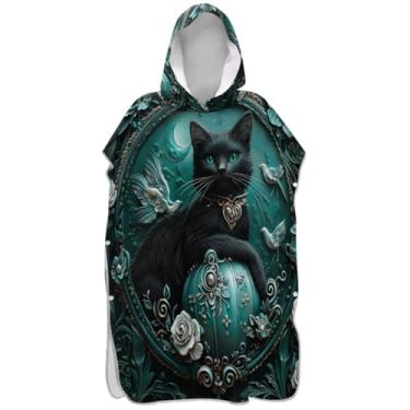 Imagem de Joisal Poncho de surfe para adultos trocador de roupão de praia com capuz toalha floral plus size gato preto azul-petróleo masculino poncho com capuz