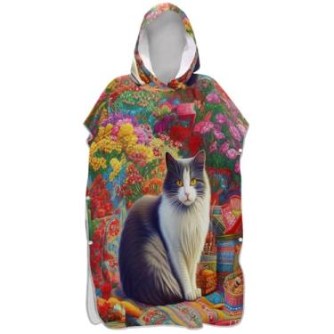 Imagem de Joisal Poncho de surfe para adultos trocador de roupa de praia com capuz toalha de banho leve colorido gato flores florais ponchos adultos para mulheres