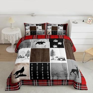 Imagem de Feelyou Conjunto de edredom queen com estampa de búfalo, rústica, urso, cervo, decoração rústica, para quarto de crianças, meninos, meninas, fazenda, campo, vermelho, marrom, microfibra ultramacia e