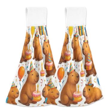 Imagem de Toalhas de mão personalizadas para festa de capivaras brancas de outono com laço de pendurar conjunto de 2 toalhas decorativas de cozinha fofas e absorventes, 46 x 35 cm