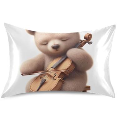 Imagem de Capa de almofada de cetim fofa urso violoncelo músico almofada refrescante almofada padrão king queen arte fofa decoração de cama para casa, tamanho Queen, 76,2 cm x 50,8 cm
