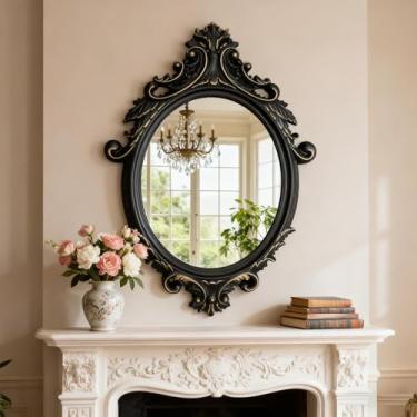 Imagem de U+BAOBO LIFEL Espelho oval vintage dourado preto de 58 x 81 cm - Espelho de parede oval antigo com acabamento dourado, espelhos de penteadeira para sala de estar, banheiro, quarto ou corredor