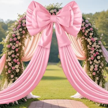 Imagem de DoubleFill 139,7 x 299,7 cm laço de Natal gigante ao ar livre grande laço de seda rosa para guirlanda de árvore de Natal extragrande fora da parede edifício garagem porta da frente interior casa