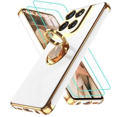 Imagem de Gritup Capa para Motorola Moto-G-Stylus-5G 2025: 2 peças de protetor de tela, suporte magnético com suporte de anel de rotação de 360°, capa protetora de TPU macio com borda dourada, branca