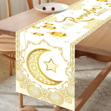 Imagem de Caminho de mesa Ramadan Kareem, estrela da lua dourada e padrão de lanterna pendurada caminho de mesa branco, decorações de jantar de cozinha sazonal Eid para casa islâmica feliz festa decoração