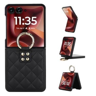 Imagem de Capa para Motorola Razr 50 Ultra, capa traseira ultrafina e leve com anel de metal, capa de couro fina à prova de choque, design elegante de ponto de diamante (preto)