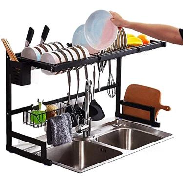 Imagem de Escorredor de pratos acima da pia organizador prateleira ajustável grande escorredor de pratos cozinha suprimentos de bancada rack de prato de armazenamento