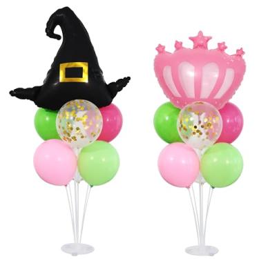 Imagem de KIRIN Wicked Table Kit de suporte de balão de mesa com 2 conjuntos com coroa e chapéu de bruxa malvada, balões de Mylar, princesa, bruxa, festa de aniversário, decoração de festa de fada