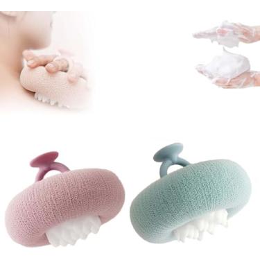 Imagem de Esponja de banho com dentes de massagem - malha macia, espuma rápida, design pendurado para limpeza do corpo (rosa e verde menta)