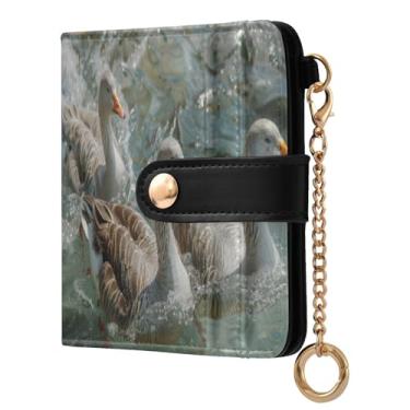 Imagem de STAYTOP Grey Goose Carteira feminina pequena de couro macio com bloqueio de RFID e compartimento para cartões compacta com zíper e janela para identidade