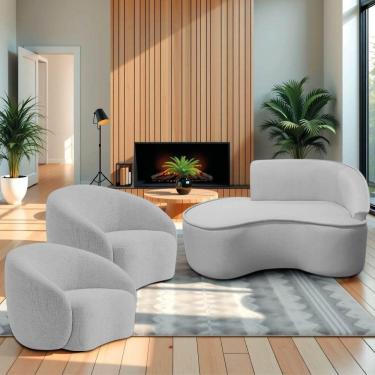 Imagem de Kit Divã Recamier Orgânico Marrocos 150cm Lado Esquerdo E 2 Poltronas Amore Linho Cinza Claro