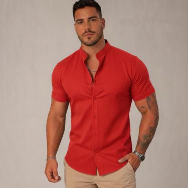 Imagem de Camisa Social Masculina Gola Padre Manga Curta Aspecto Linho - Volgue,