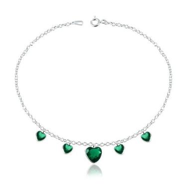 Imagem de Tornozeleira Prata 925 Corações Esmeralda - JA Jóias