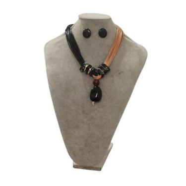 Imagem de Colar Feminino Maxi Resina Kit Com Brinco Fio Encerado Luxo - MLBpel, 