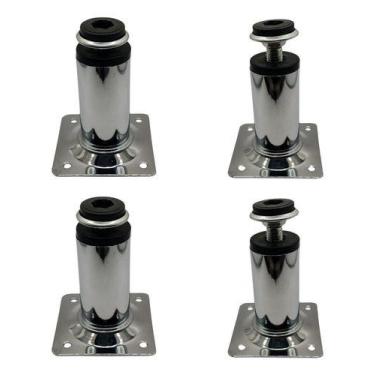 Imagem de Kit 4 Pé Com Regulagem Para Móveis Redondo 8cm Aço Cromado - Cromado -