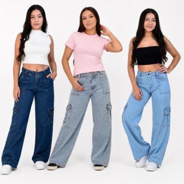 Imagem de Kit 3 Calças Cargo 2 bolso lateral Jeans Feminina Juvenil do 10 ao 16 