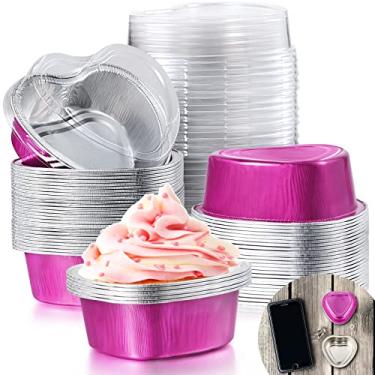 Imagem de Mini forma de bolo de folha de alumínio com tampas transparentes 55 ml / 53 g copos de cupcake de alumínio descartáveis para sobremesa para casamento de dia dos namorados festas do dia das mães (vermelho rosa, 80 conjuntos)