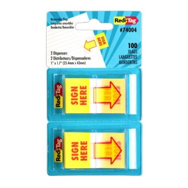 Imagem de Redi-Tag Sinalizadores de página pop-up impressos Sign Here, 2 dispensadores por pacote, 100 bandeiras no total, 1 x 4,3 cm, amarelo com estampa vermelha, 1 pacote (74004)