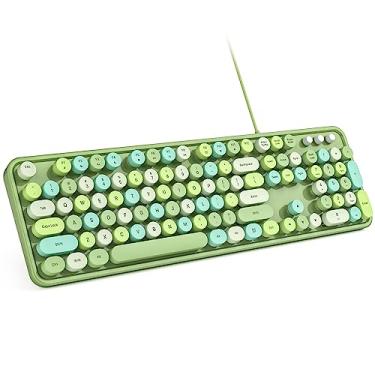 Imagem de MOWUX Teclado de computador com fio, teclado de máquina de escrever redondo retrô Plug Play, teclado com fio de tamanho completo com suportes dobráveis para laptop e PC de escritório - verde colorido