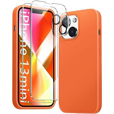 Imagem de JTWIE [Capa 5 em 1 para iPhone 13 Mini 5,4 polegadas, com 2 películas protetoras de tela + 2 pacotes de protetores de lente de câmera, capa protetora fina de silicone líquido à prova de choque (laranja)