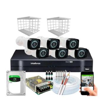 Imagem de Kit 6 Câmeras + DVR Intelbras + Câmeras HD 720p 20m Infra + Fonte, Cab