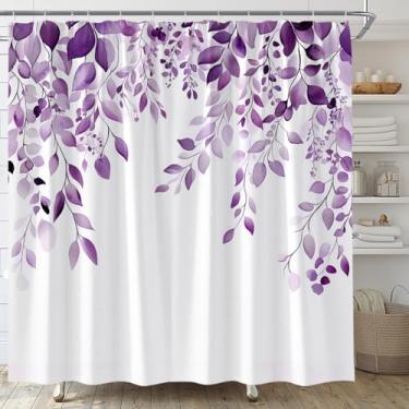 Imagem de AMFD Cortina de chuveiro de folhas roxas aquarela folha de eucalipto floral natureza linda planta botânica rústica casa de fazenda cortinas de banheiro decoração conjunto de tecido inclui ganchos,