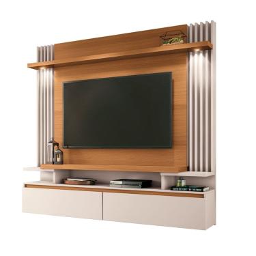 Imagem de Painel Home Suspenso Detalhes Ripado 2 Luminárias Led Sala Estar TV Até 55 Polegadas 2 Portas Basculante 1 Prateleira Cosmo