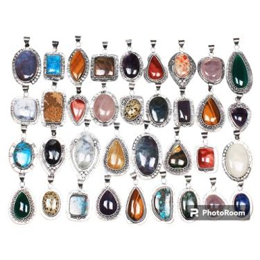 Imagem de KIRTI GEMS Pacote de colar com pingente de prata grosso para mulheres - Conjunto de pingentes modernos banhados a prata boêmio feito à mão com pedras preciosas góticas vintage para meninas, pedra