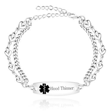 Imagem de Uloveido Pulseira personalizada para identificação de alerta médico | Pulseiras médicas com gravação de aço inoxidável de emergência diária | Retângulo simples à prova d'água destacável corrente dupla