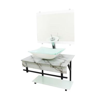 Imagem de Gabinete de Vidro para Banheiro 50x40cm com Cuba Quadrada, Espelho e Válvula Click (Mármora Branco)