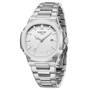 Imagem de NIBOSI Relógios masculinos analógicos de quartzo, aço inoxidável, militar, à prova d'água, para negócios, relógio de pulso clássico com data, 03 - todo prata
