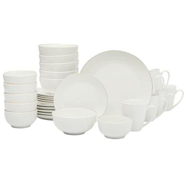 Imagem de Gibson Home Conjunto de louça Ogalla com 30 pratos, tigelas e canecas – Serviço para 6 pessoas – Porcelana branca com pulseira dourada