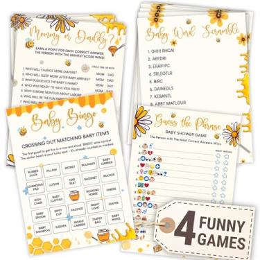 Imagem de Woodamore Jogos de chá de bebê de abelha para meninas e meninos - 4 jogos engraçados de bebê para decorações de chá de bebê de abelha, cartas de bingo para mamãe ou papai para 25 convidados