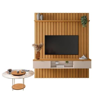 Imagem de Painel Ripado You Illusion 1.8 Com Mesa De Centro Sky Com Tampo De Vidro Cinamomo Off White - Hb Móveis