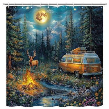 Imagem de PZMPZM Cortina de chuveiro rústica para cabana de veado, casa de fazenda, acampamento, floresta, alce, caça, animais selvagens, campo, trailer, banheiro, cortinas de tecido de poliéster com ganchos